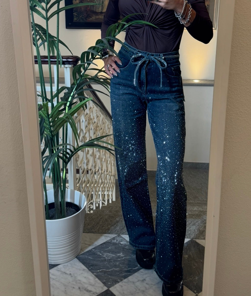 Jeans Wide Leg “Sturdust” con Micro Strass
